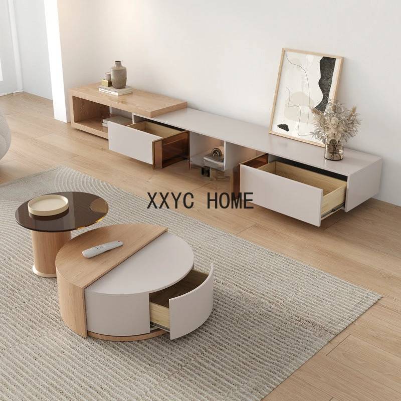 

Wood Color Solid Wood Stretch TV Cabinet Integrated Living Room Home Modern Small Apartment Size round Tea Table TV Cabinet