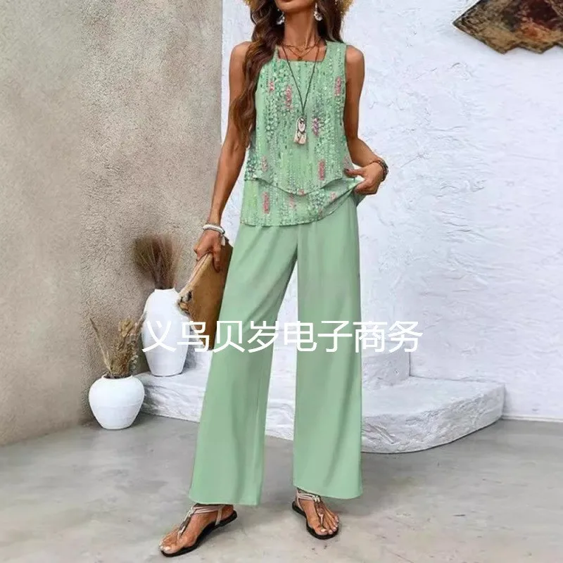 2 Pieces Set For Woman Tank Top Summer Square Neck Vest High Waist Wide Leg Sleeveless Top Two Piece Pastel Green Camisole