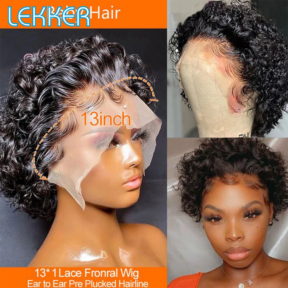 Lekker Pixie Cut Curto Kinky Curly Bob Cabelo Humano 13X1 Transparente Renda Peruca Para Mulheres Cabelo Remy Brasileiro Pré Depilado Colorido