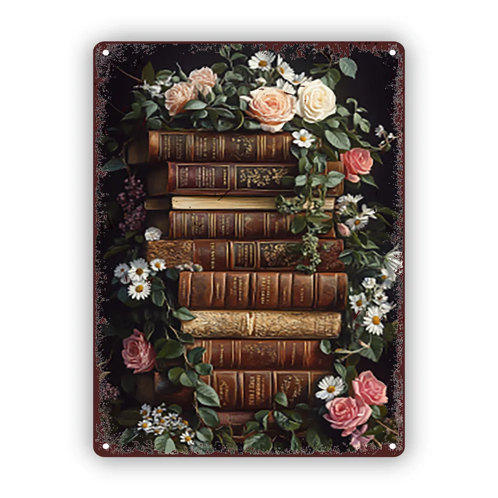 

Charming Vintage Floral Aluminum Sign - Rustic Kitchen & Pub Wall Art, Antique Books Design, 8x12 inches, Home Decor