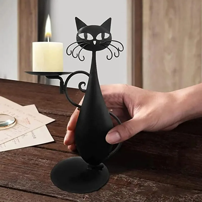 1-4PCS Black Cat Pillar Candle Stand Vintage Iron Art Sculpture Ornament for Dining Room Halloween Centerpiece