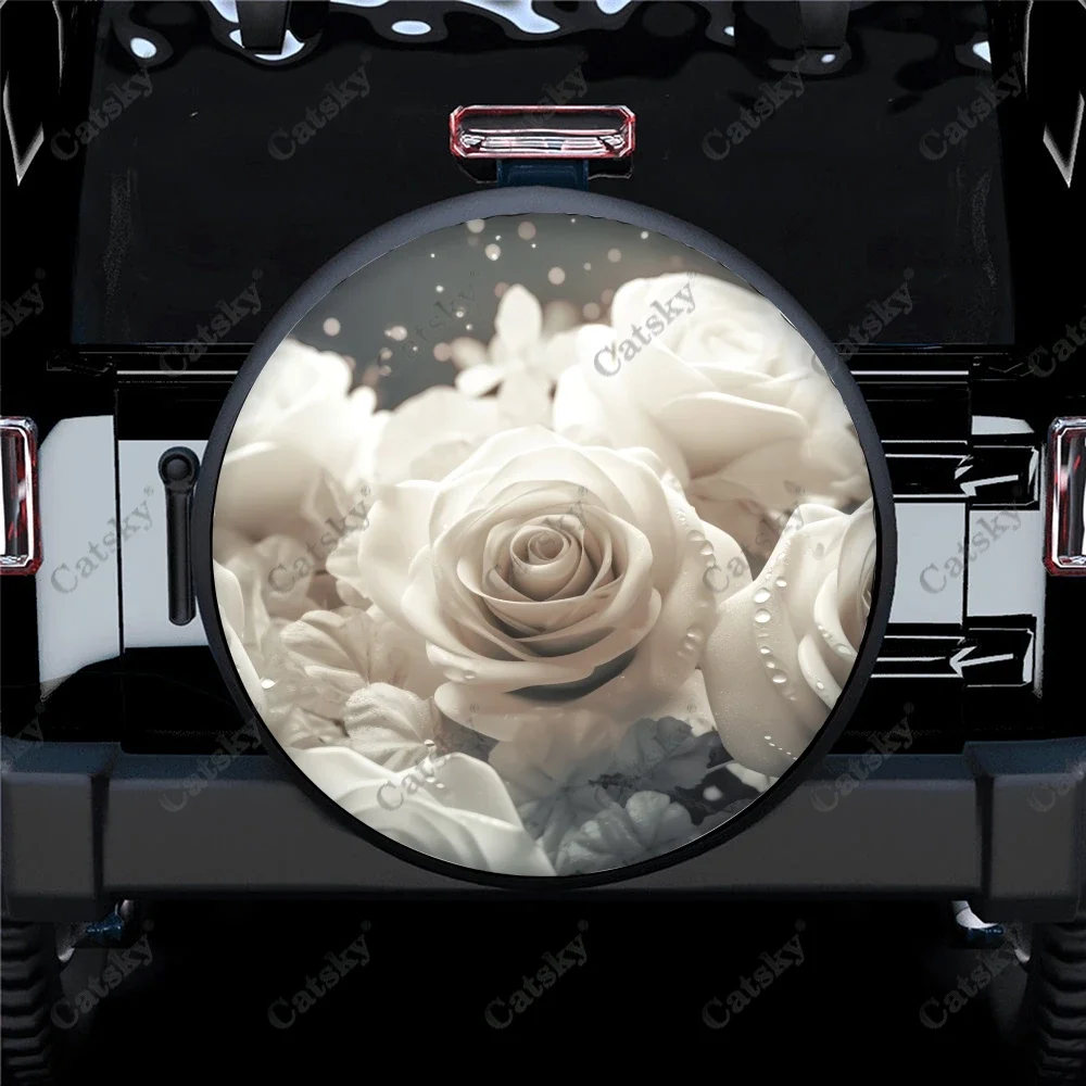 White Rose Flowers Polyester Universal Spare Wheel Tire Cover Custom Tire-Covers for Trailer RV SUV Truck Camper