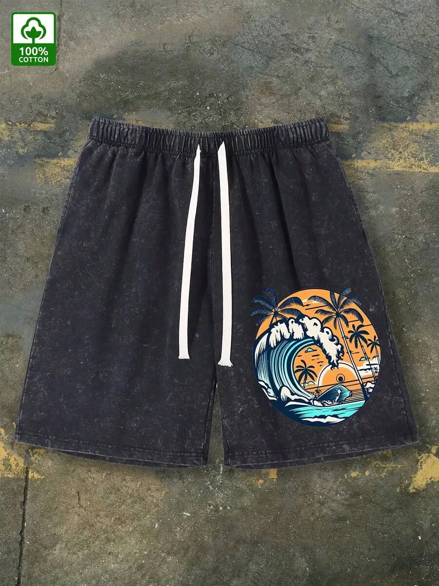 

Mens Washed Cotton Loose Fit Drawstring Shorts With Ocean Wave Print Vintage Casual Summer Shorts