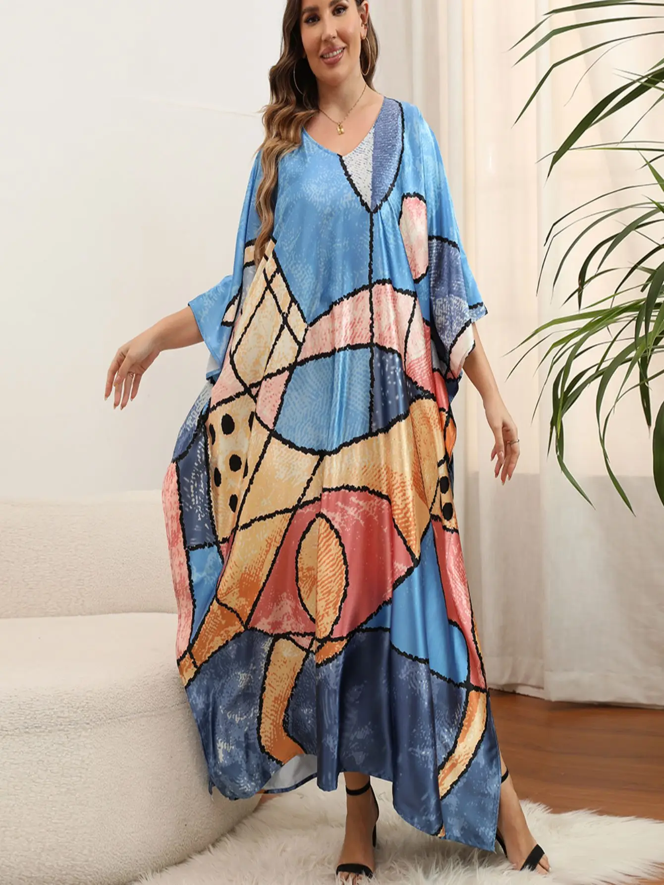 

Plus Size Boho Cover Up Women s Plus Graphic Print Bat Sleeve V Neck Loose Split Kaftan Cover Up Dress