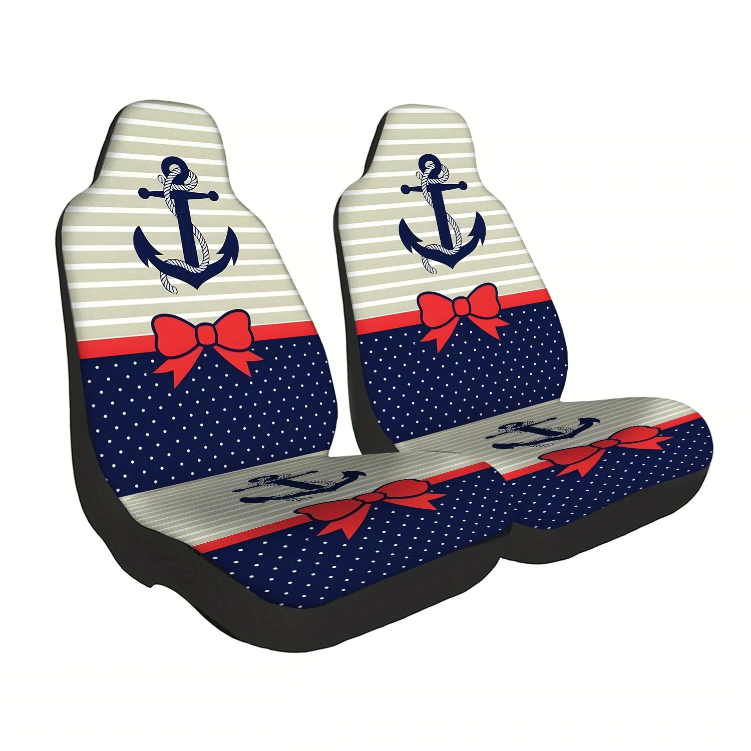 Set Of 2 Navy-Style Anchor Bow Patterned Car Seat Covers, Cute Interior Additions For Car Seats, Front Seat Protectors Suitable