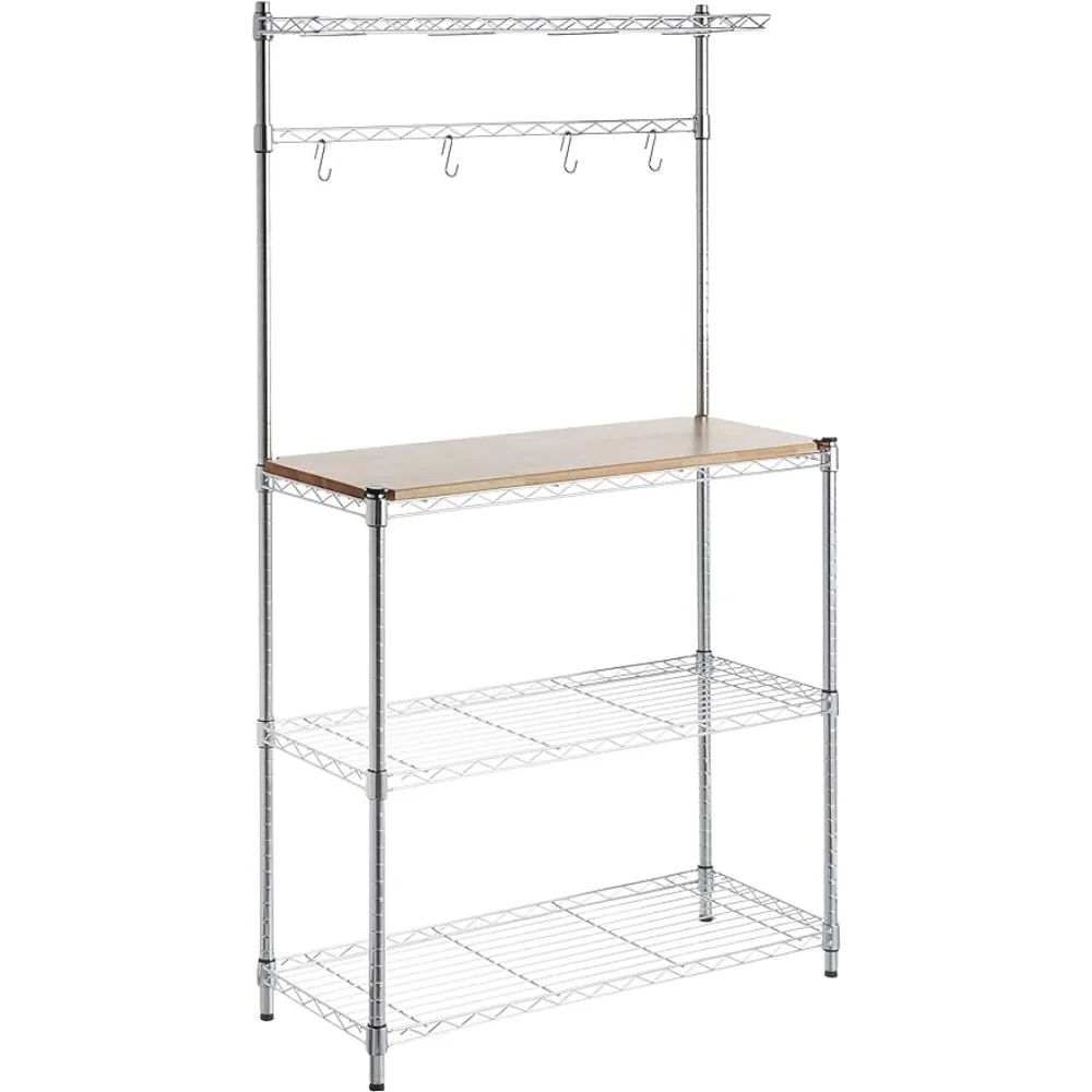 Amazon Basics 3 Tier Kitchen Storage Baker's Rack With Removeable Top, Wood/Chrome, 14