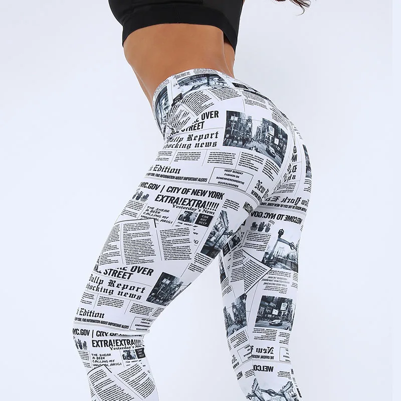 New Black White High Waist Seamless Yoga Pants Women Newspaper Letter Print Streetwear Leggings Fitness Women Sexy Casual Pants
