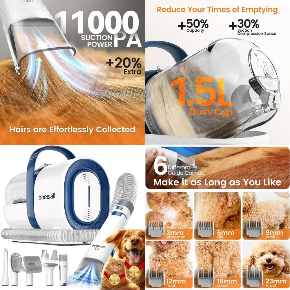 

1.5L Pet Hair Removal Vacuum with Clippers, Nail Grinder, and 7 Attachments for Dog Grooming and Home Cleaning (Blue)