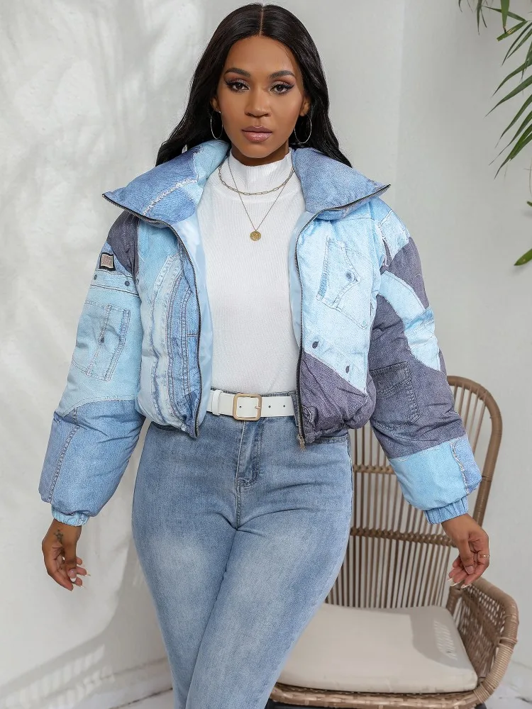 RT Casual Women Jackets Turn Down Collar Zippers Velvet Denim Coat Winter Autumn Print Overcoat