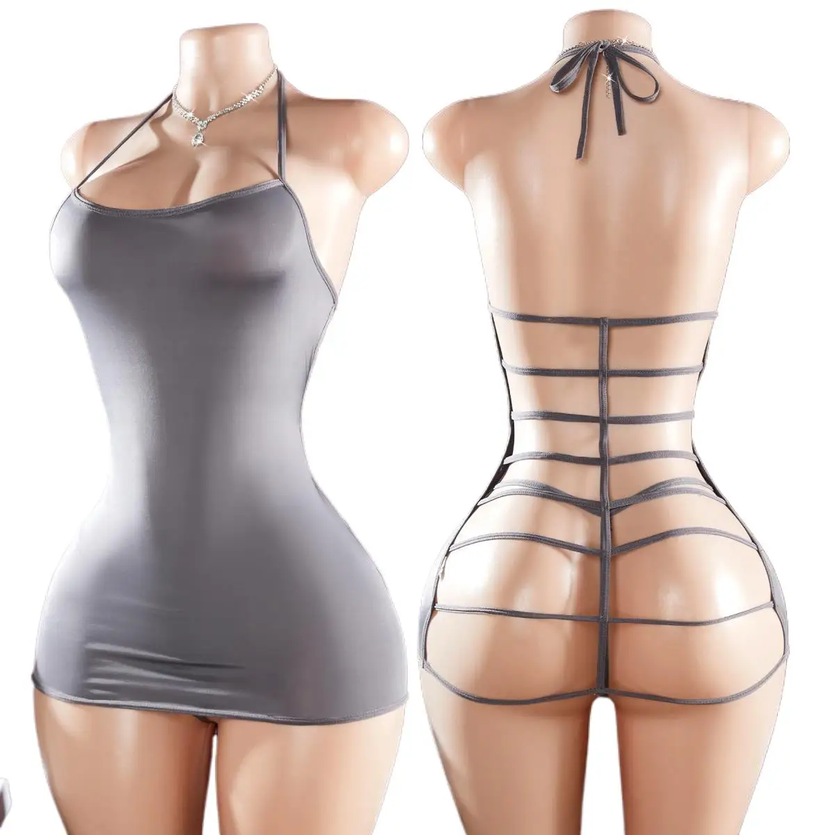 Abito erotico corto ultra sexy senza cavallo Babydoll femminili trasparenti senza schienale Porno Night Sex Doll Intimo Set da 2 pezzi
