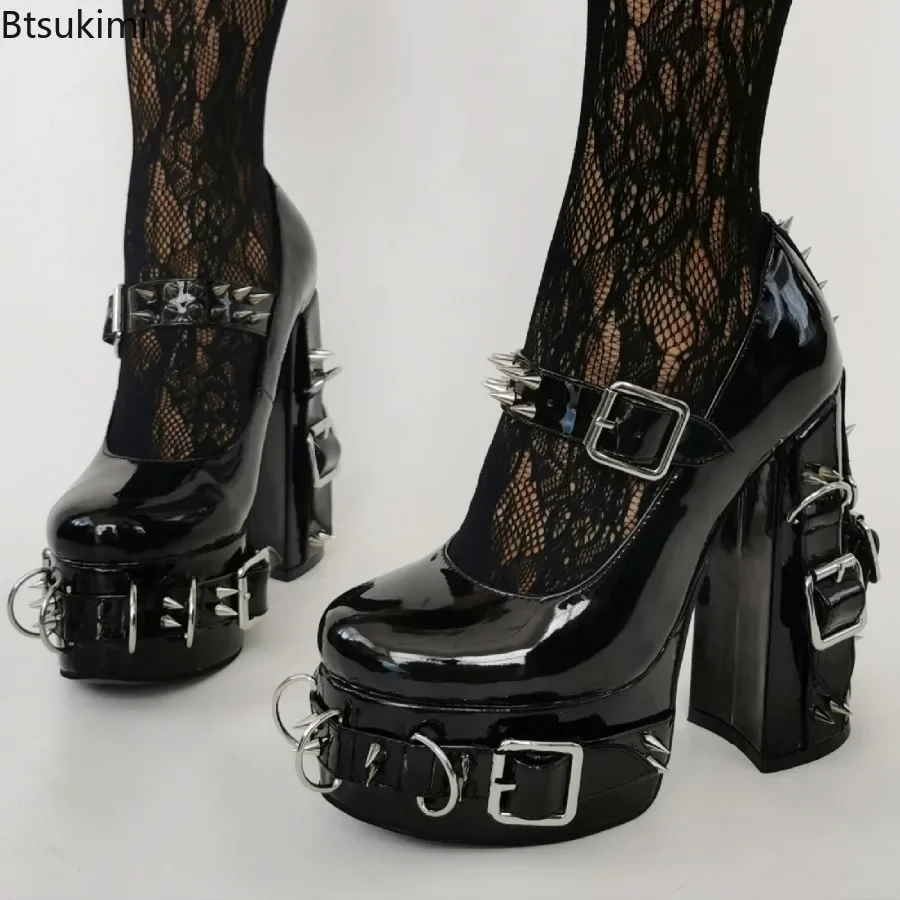 2024 Women\'s Punk Gothic Style Motorcycle Super High Heels Ladies Pumps Rivet Cosplay Costum Buckle Metal Chain Punk Shoes Girls