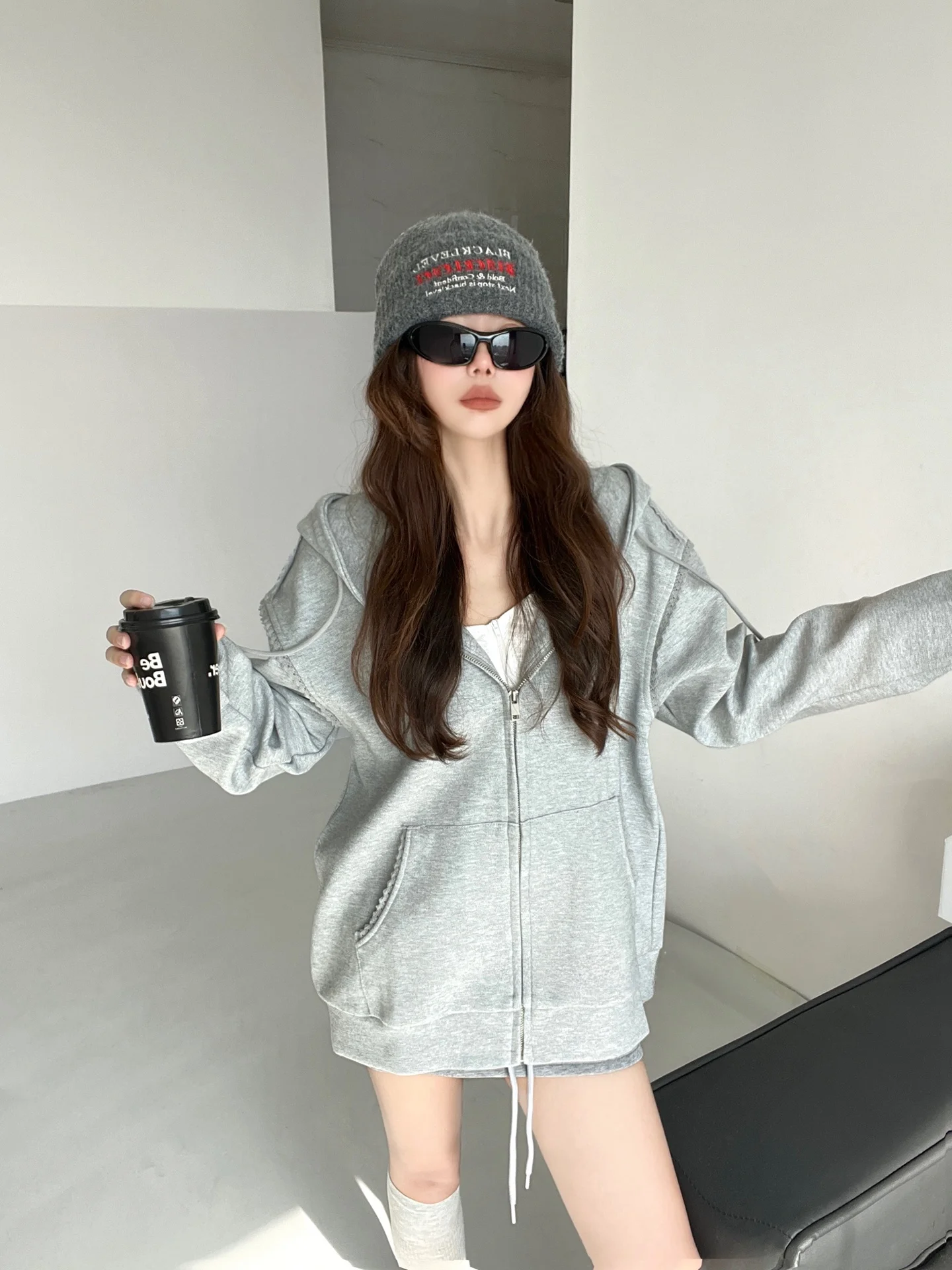 Felpa con finiture in pizzo occhi pesanti Capispalla semplice allentato da donna Autunno Cerniera Sport Top Hot Girl Street Sle