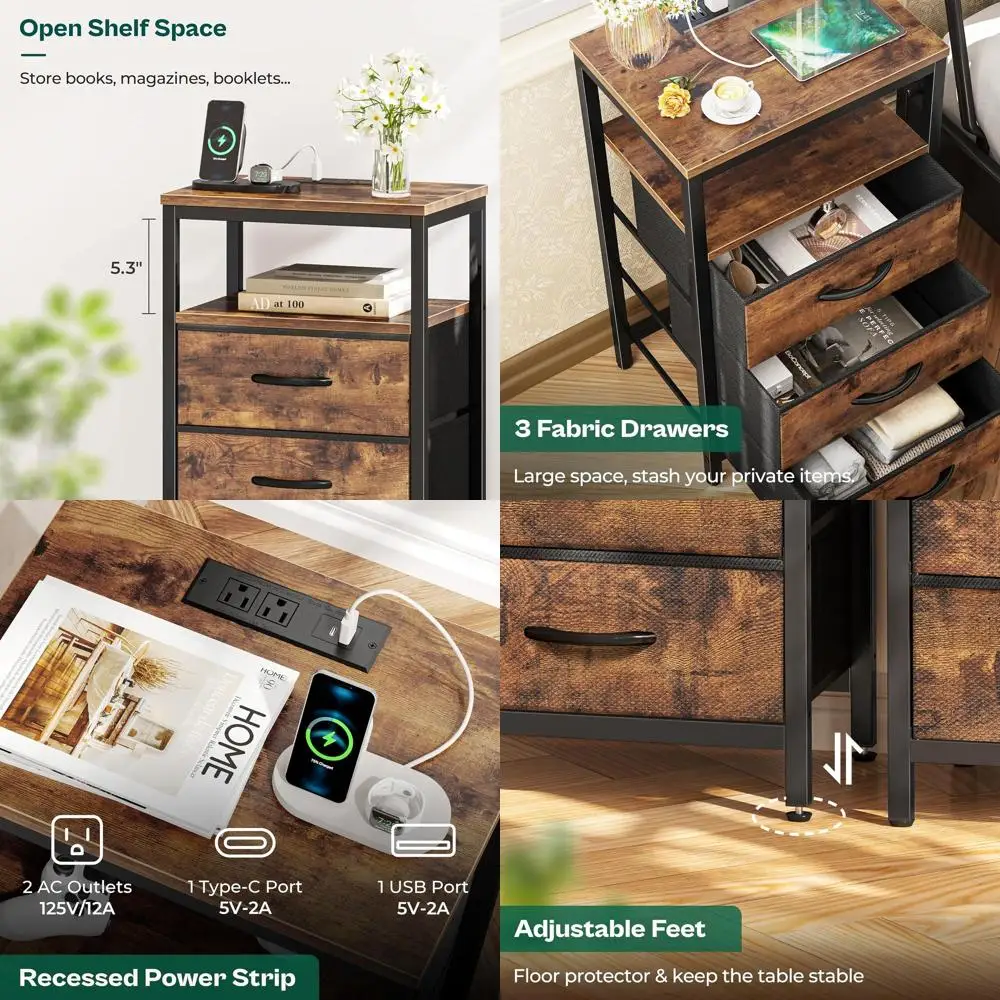 

Nightstand with Charging Station, 27.6 Inch Bedside Table with Fabric Drawers, End Table with USB Ports and Outlets, Night Stand