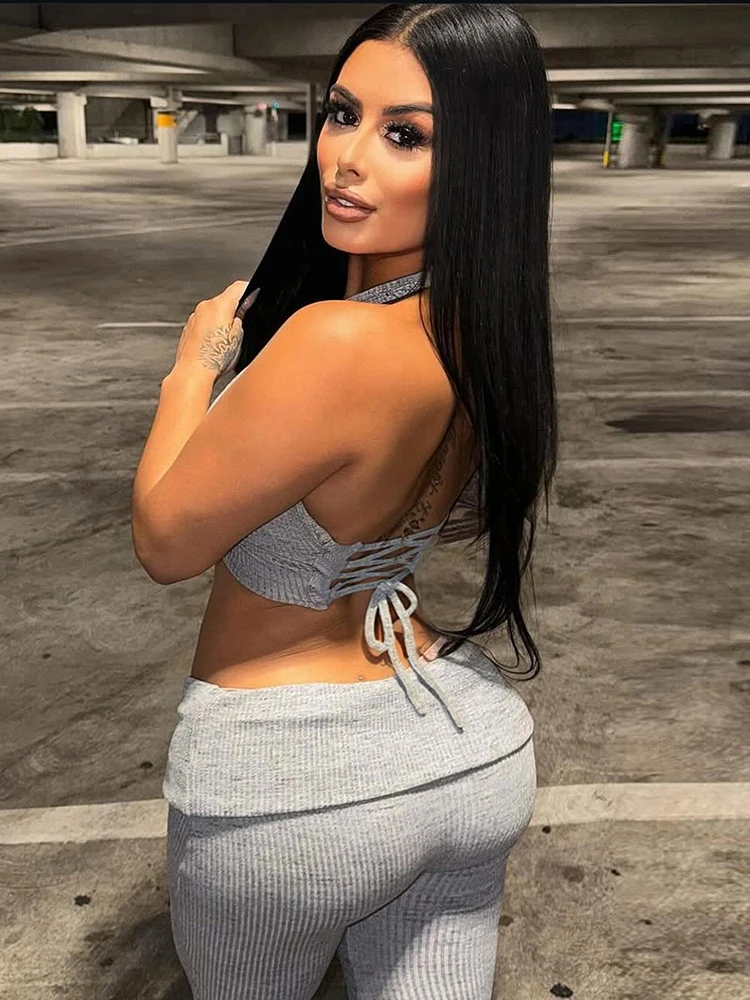 Leosoxs-Conjunto de 2 piezas acanalado para mujer, camisetas sin mangas informales con espalda descubierta y pantalones de solapa, ropa de calle informal elástica a juego