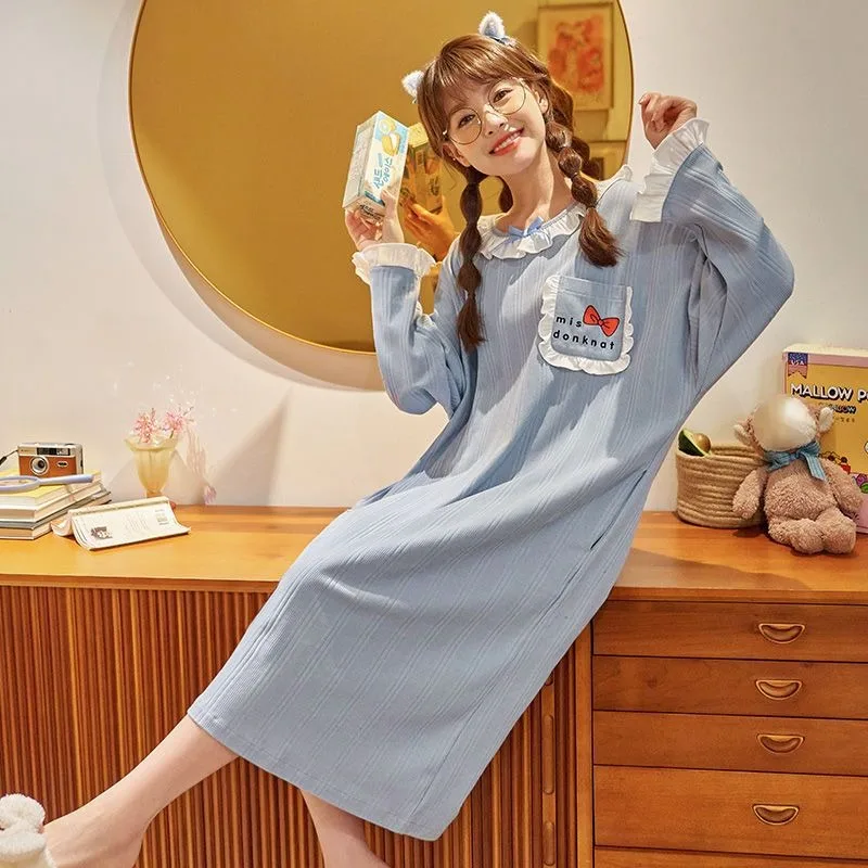 Pajama Dress Women's 2024 New Spring and Autumn Princess Style Pure Cotton Long sleeved Pajama Dress Pajama Home Clothing
