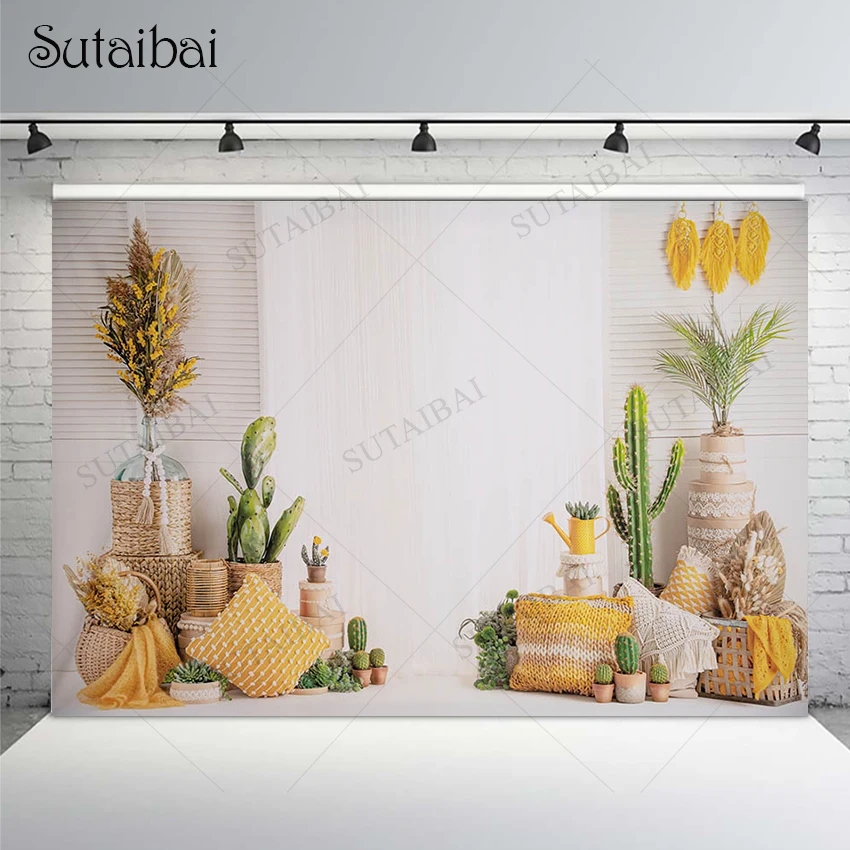 Green Garden Theme Backdrop Cactus Yellow Flowers Potted Plants Pillow Deco Newborn Baby Cake Smash Celebrate Supplie Booth Prop