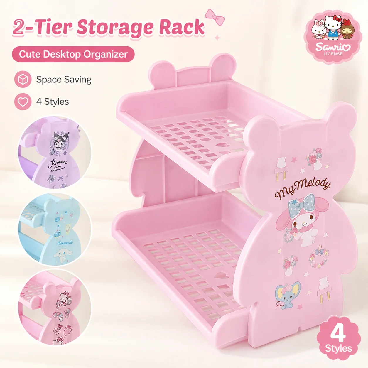 Kawaii Sanrio Dwupoziomowy Stojak do Przechowywania, 2-Poziomowy Plastikowy Organizer na Biurko, Półka na Kosmetyki My Melody, Akcesoria na Stół