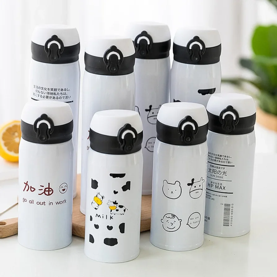 Cow Spring Cover Thermos Cup Stainless Steel Water Bottle with Cartoon Pattern Nice Durable Outdoor Sports Hot Drink Coffee Cup