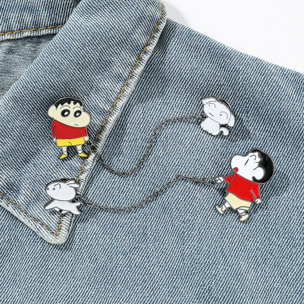 Japan Anime Crayon Shin-Chan Lapel Pins Nohara Shiro With Chain Badges Shinnosuke Nohara Walk the Dog Brooches Toys Gift