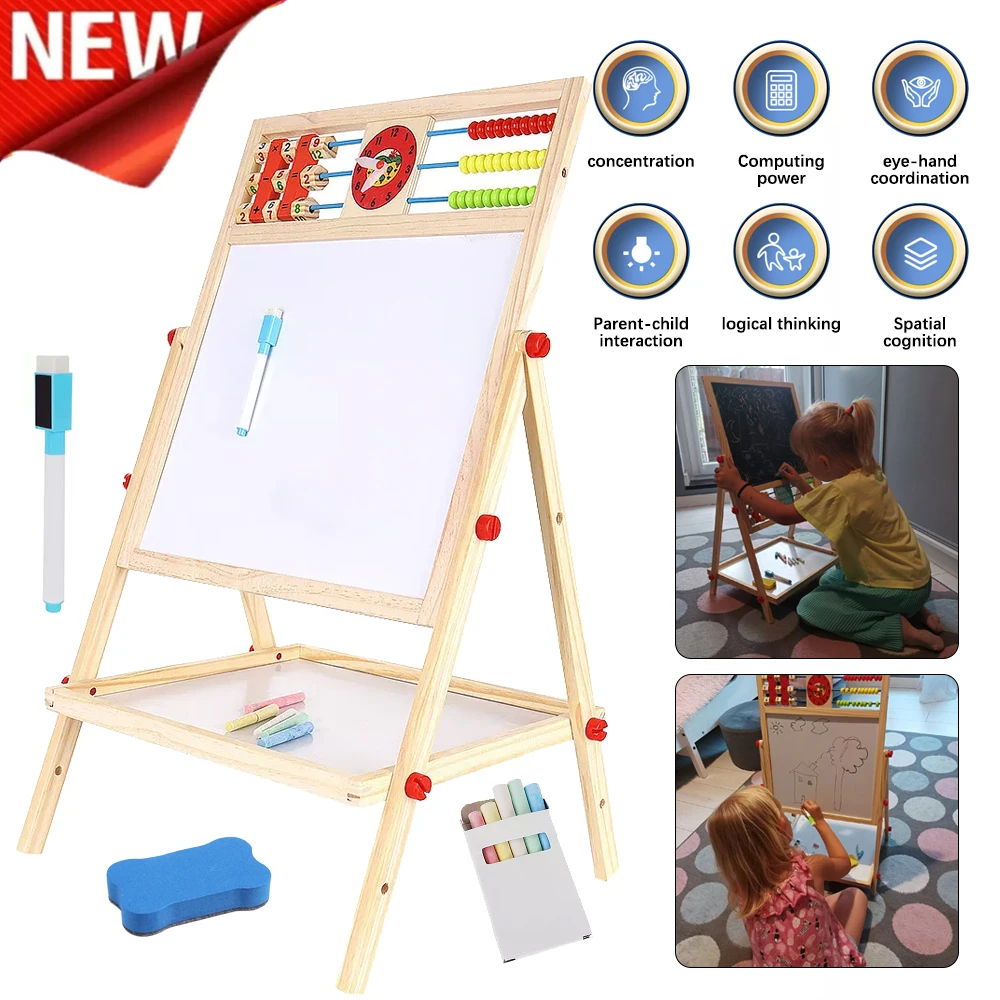 4-in-1 Holz-Kunstständer für Kinder, Magnetische Kreidetafel & Whiteboard, Stehende Schultafel, mit Ablage und Halterung