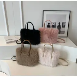 Luxury Faux Fur Ladies Shoulder Bag Fluffy Square Female Crossbody Bag Plush Handbag Soft Tote Bag
