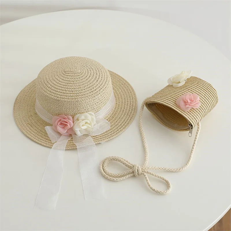 Kids Girls Large Wide Brim Flower Straw Hat And Shoulder Bag Woven Set Sun Protection Beach Hat Summer Floppy Bucket Cap Gorras