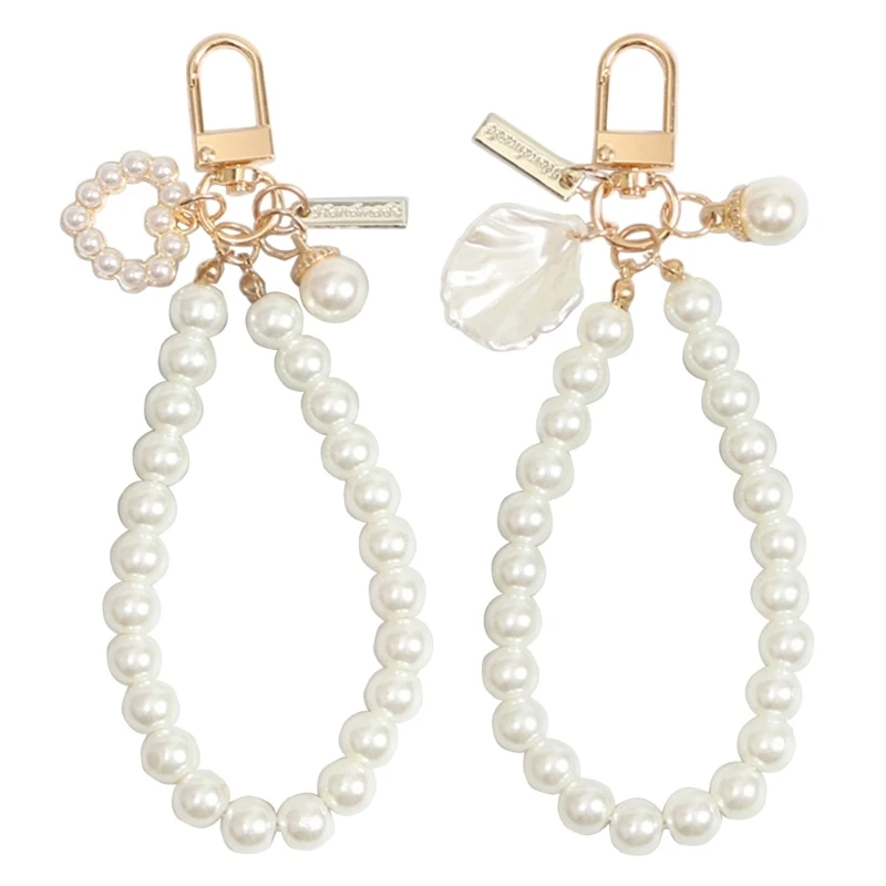 E74B Heart Keychain Phone Chain Pendant Shell Pearl Pendant Charm Decorations Girls Bag Keyring Hanging Ornament Accessories