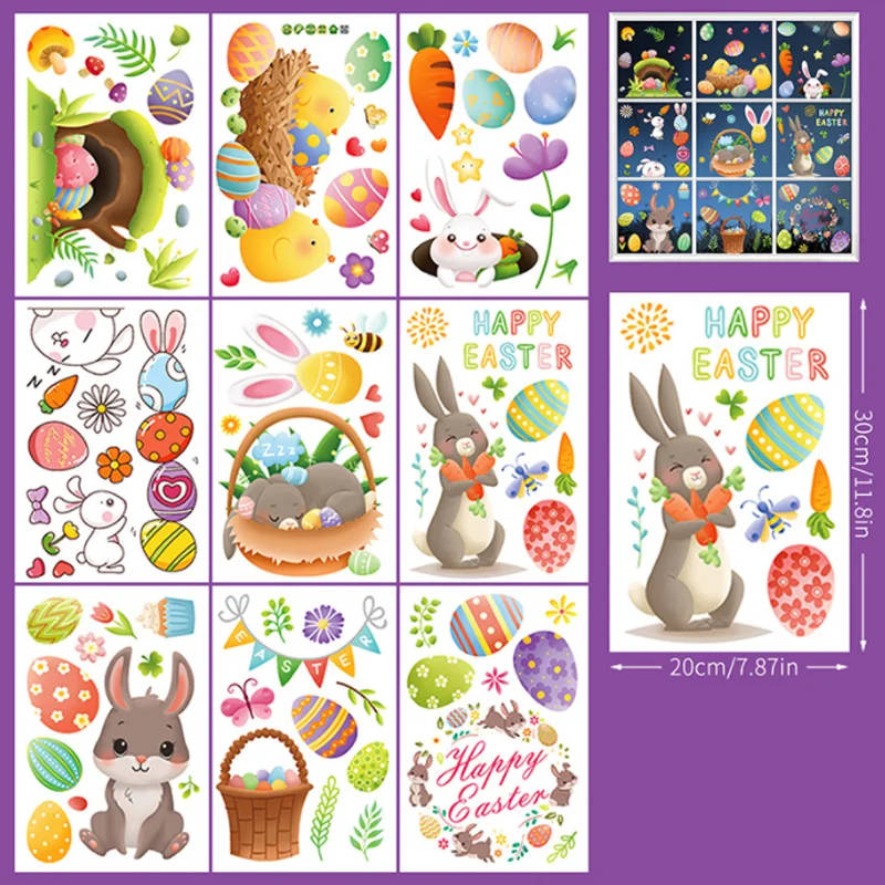 

9Sheet Kawaii Easter Egg Bunny Wall Sticker Shop Window Glass Layout Electrostatic Sticker Moisture-proof Anti Fouling Removable