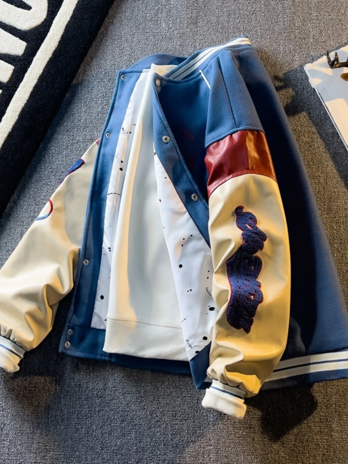 

Casual American High Street Patchwork Jaet Men's Trendy Loose Baseball Sle Outerwear for Teenage Students Spring Autumn