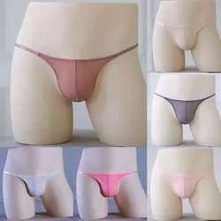 Sexy Solid Men's Briefs Thin Thong G String Panties Sheer Bikini Underwear Ice Silk Briefs Pouch Solid Low Rise Seamless