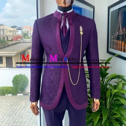 Fashion Purple Jacquard Stand Collar Men Wedding Suits 3 Pieces (Jacket+Pants+Vest) Slim Fit Suit For Men Formal Groom Tuxedos