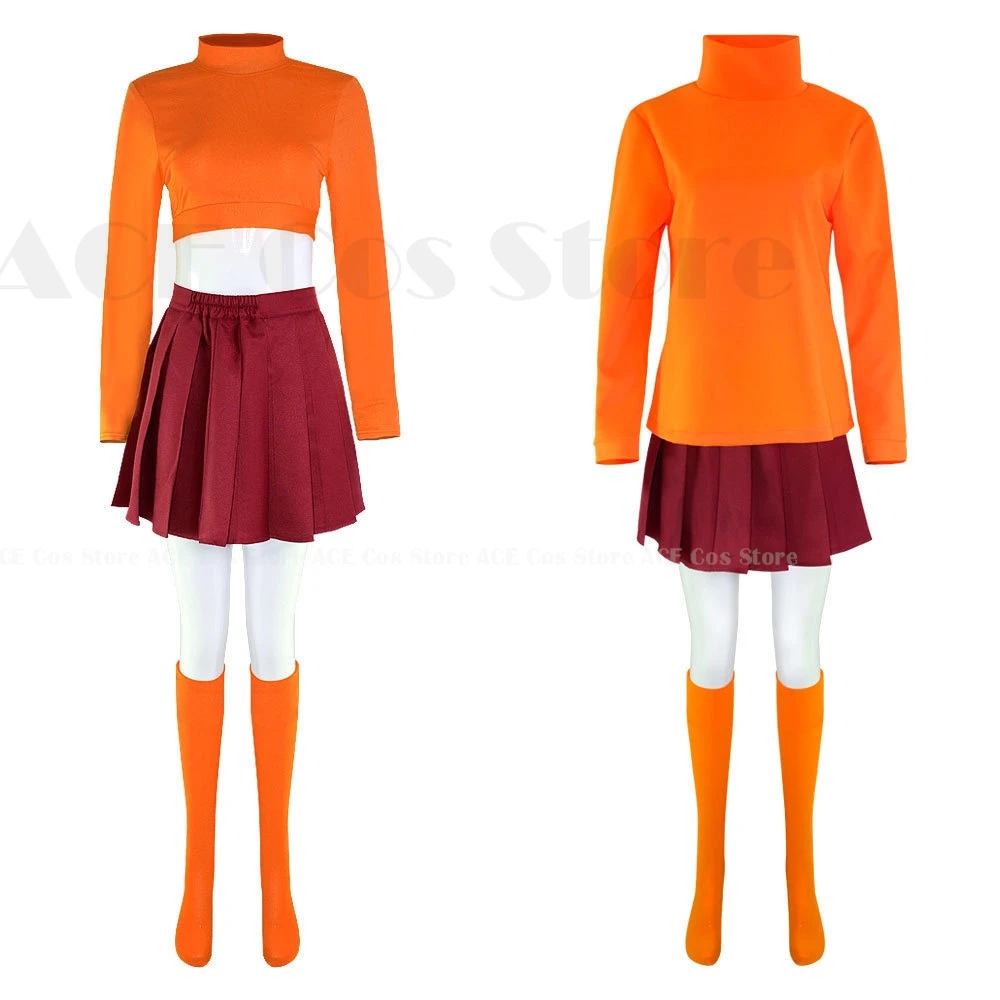 Velma Cosplay Outfit Uniform Wig Anime Woman Daphne Orange Top Skirt Socks Glasses Halloween Costume Set Girls Party Role play