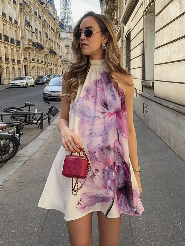 

Printed Halter Short Dress Hanging Neck Satin Pleated High Neck Backless Fluffy Baggy Fashion Beach Dresses Women's Clothing