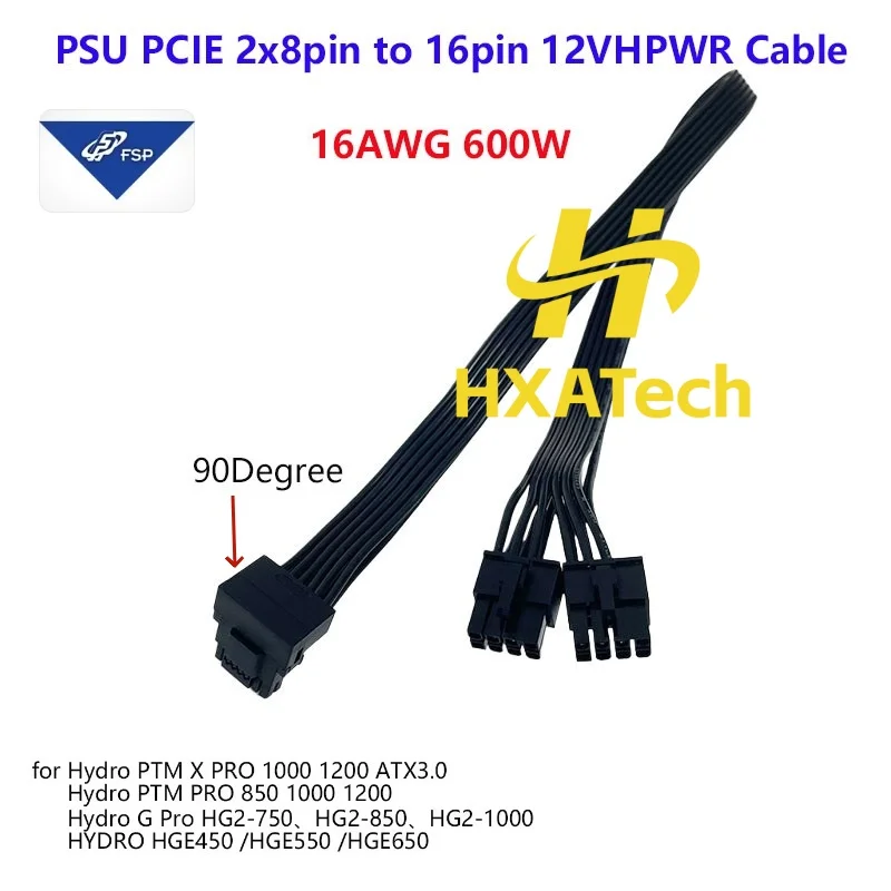 Para FSP Hydro PTM PRO HGE Cable Modular 600W 90 grados PCIe 5,0 12VHPWR tipo 4 PSU Cable de alimentación 2x8 pines a 16 pines RTX3090Ti RTX4090