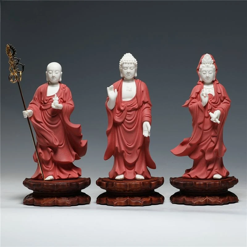 

Ceramic 8 Inch Triple Buddhist Statue Shakyamuni Ksitigarbha Guanyin Bodhisattva Home Altar Decor