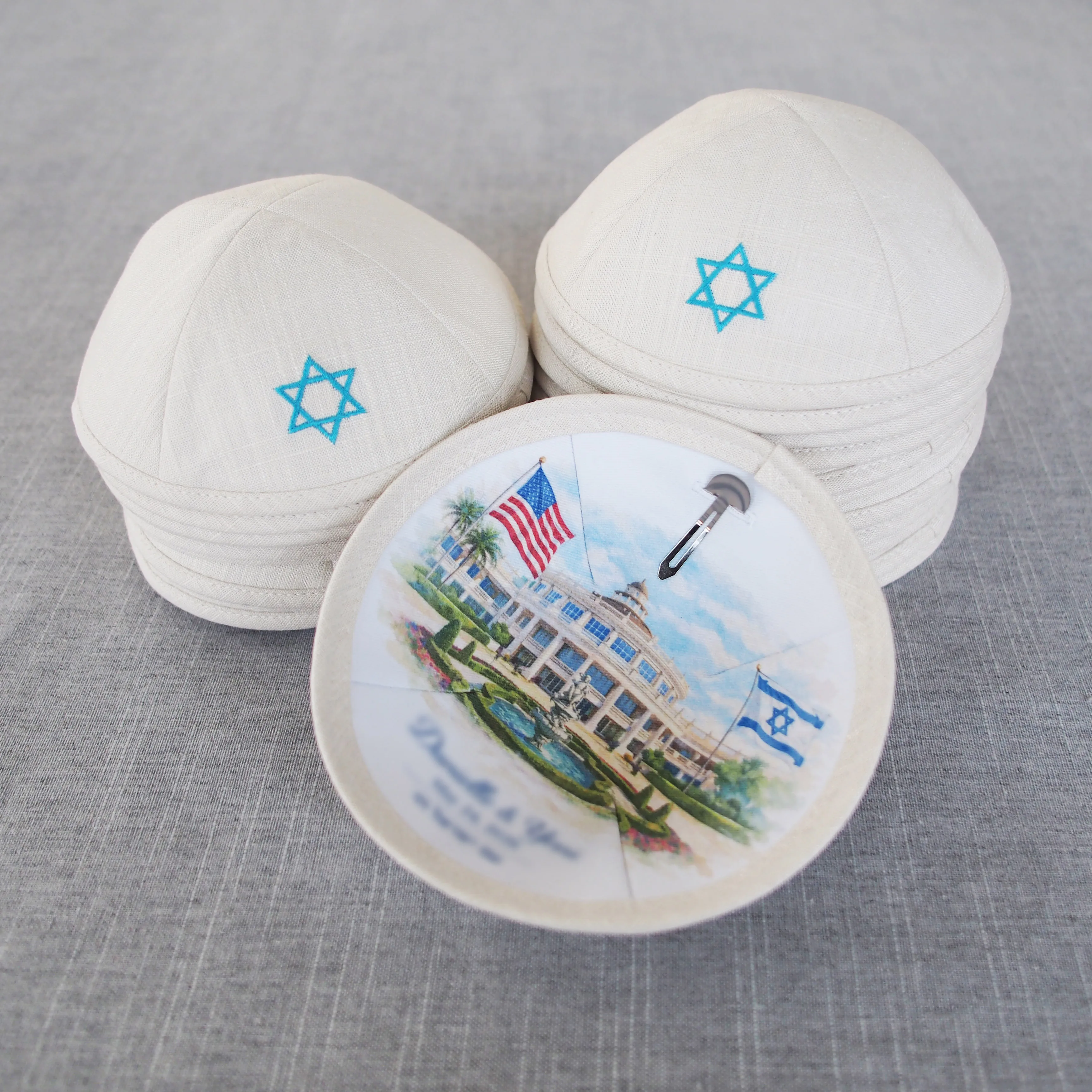 Custom Star of David embroidered linen kippah, suitable for wedding and bar mitzvah occasions, also known as kipa.
