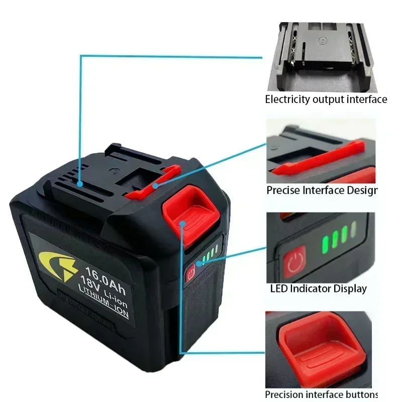 18V 16.0Ah 18650 lithium-ion tool battery, high current, high discharge suitable for replacing screwdrivers/drills in Makita