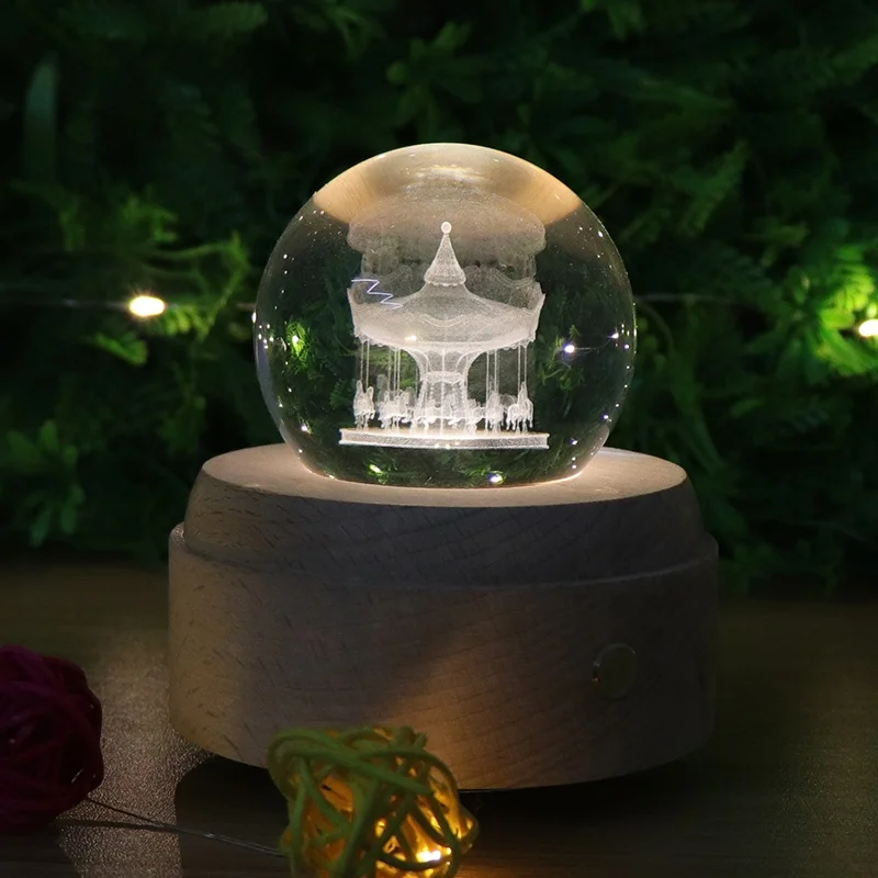 Hot Sale KC Certified Battery Operated Led Night Light Wood Base Crystal Ball with Music Box Mood Light