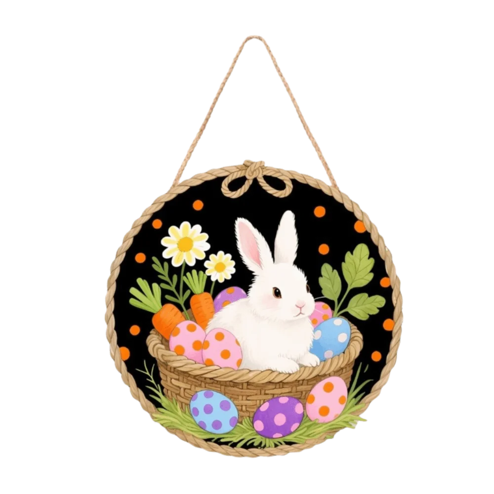 

Wooden Easter Bunny Welcome Sign Rabbit Eggs Round Happy Easter Door Sign Vintage Easter Decorative Tags Party