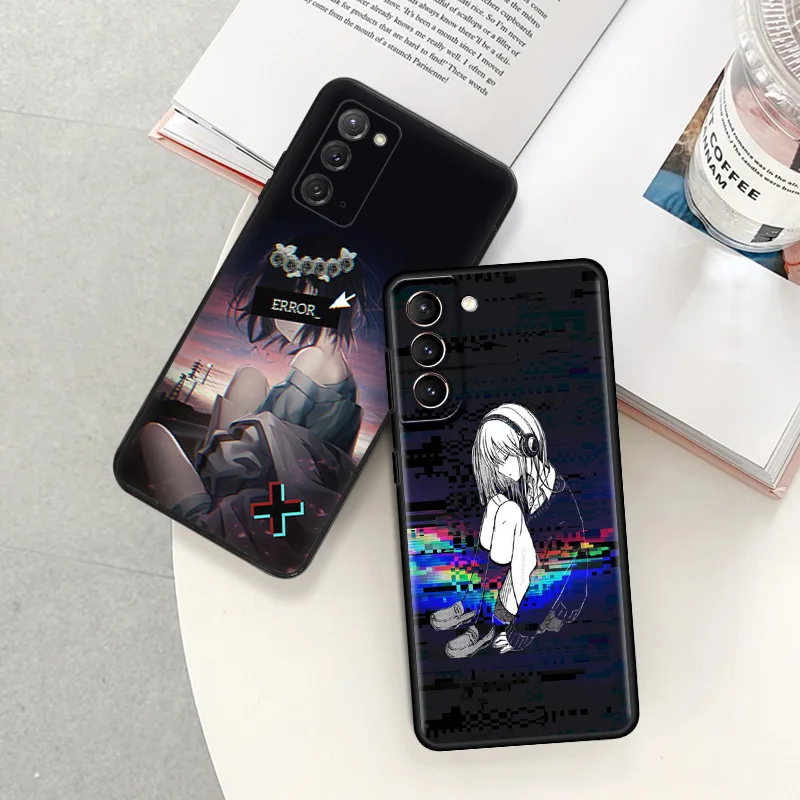 Phone Case For Samsung S24 Note20 Ultra S23 S22 S21 S20 Galaxy S10 Plus Cute Vaporwave Girl Anime Black Soft Anti-Drop Cover