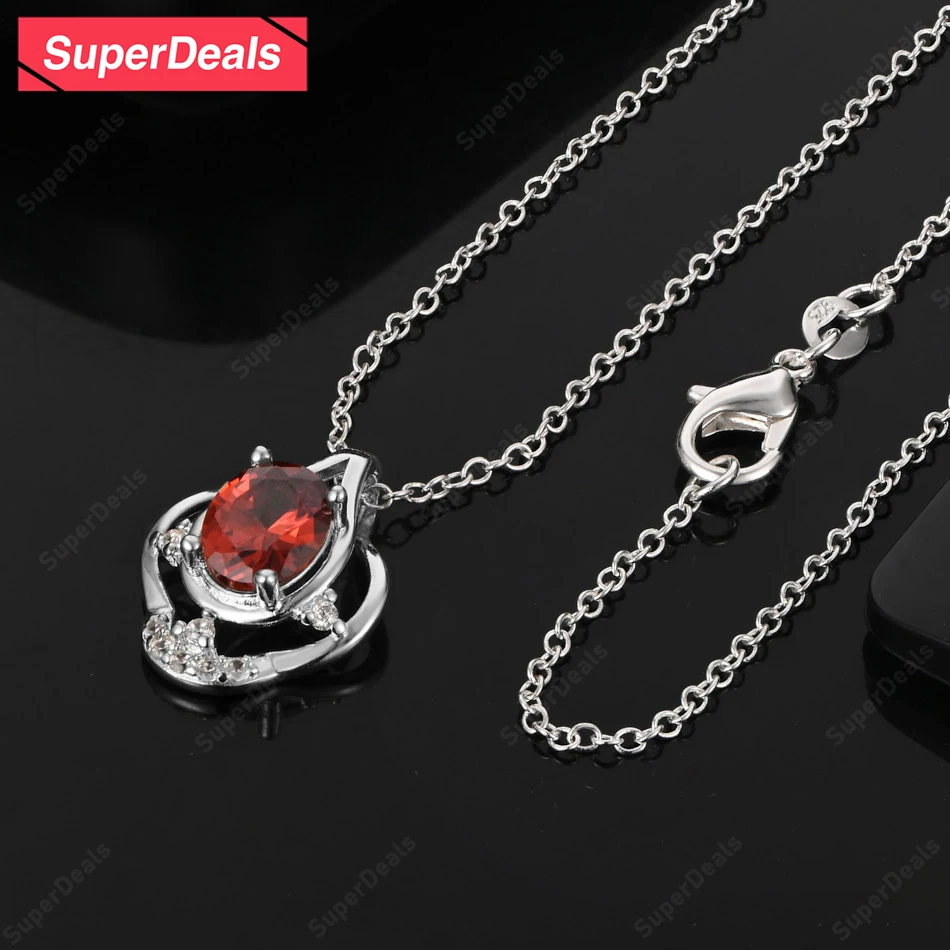 

SuperDeals 925 Sterling Silver AAA Red Zircon Flower Bud Pendant Necklace 16-30 Inch Chain For Women Wedding Party Charm Jewelry