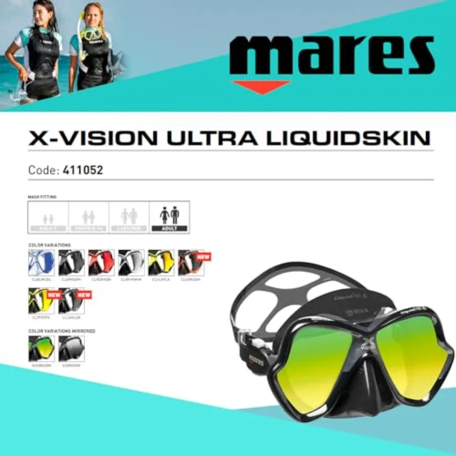 Scuba diving mask for adults silicone face piece black ultra-soft Liquidskin material for maximum comfort and dual-window clari
