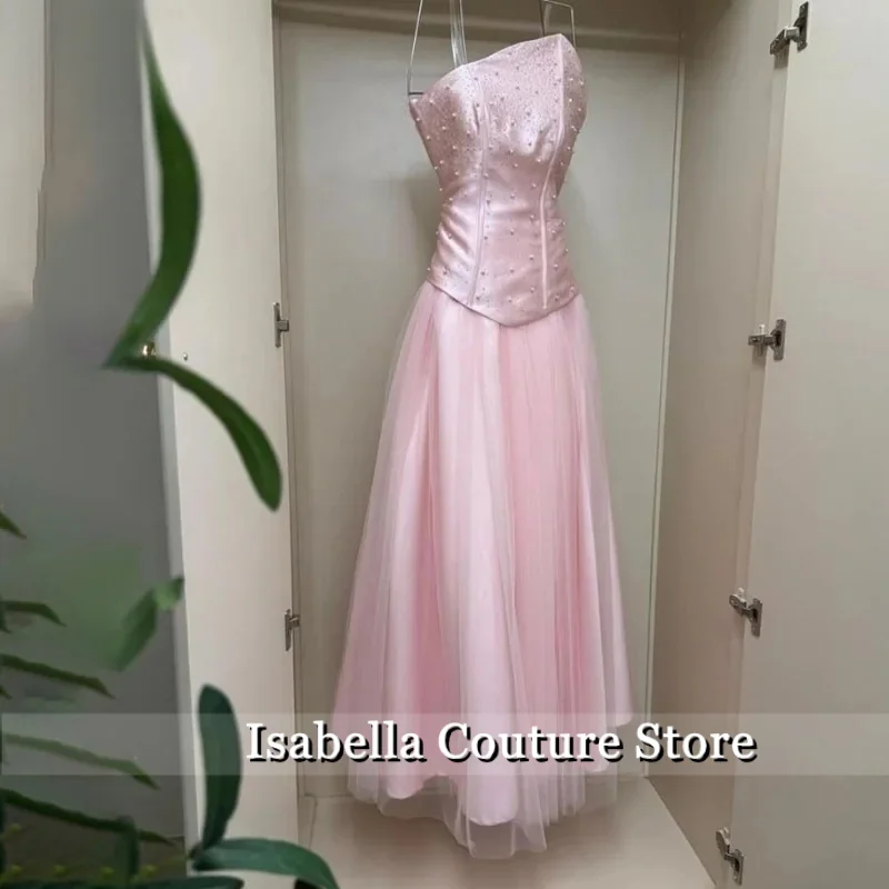 

Pink Party Dress A-Line Strapless Evening Dress with Sequin Beaded, Evening Gowns Tulle Prom Dress Customized