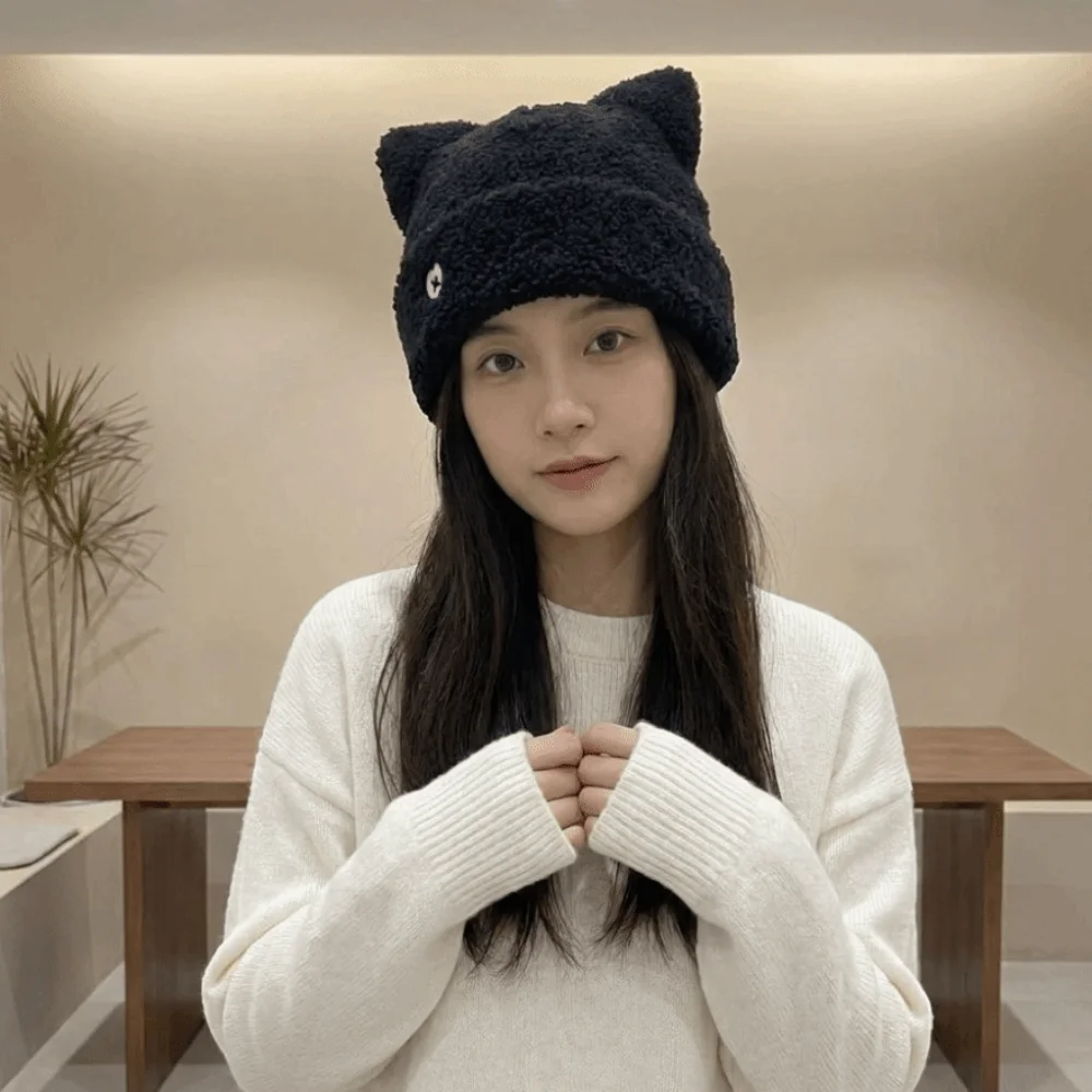 Ins Style Polyester Cat Ear Hat Soft Fluffy Comfortable Beanie Hat No Pressure On Head Stylish Warm Knit Cap Daily