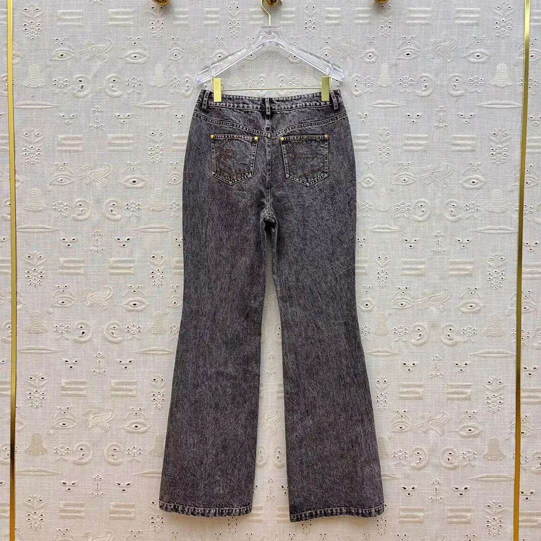 2025 New Fashion Autunno Slim Flare Jeans Donna Vita alta Oro Meatal Bottoni Polsino Lavato Vintage Streetwear Pantaloni in denim