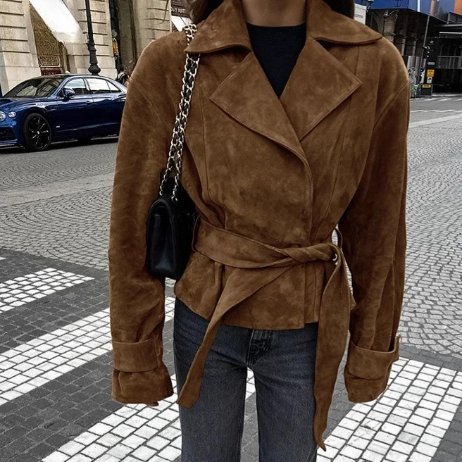 Shpmishal 2026 Autumn Winter Suede Blazer Women Double Breasted Notched Lapel Coat French Style Casual Slim Fit Outerwear