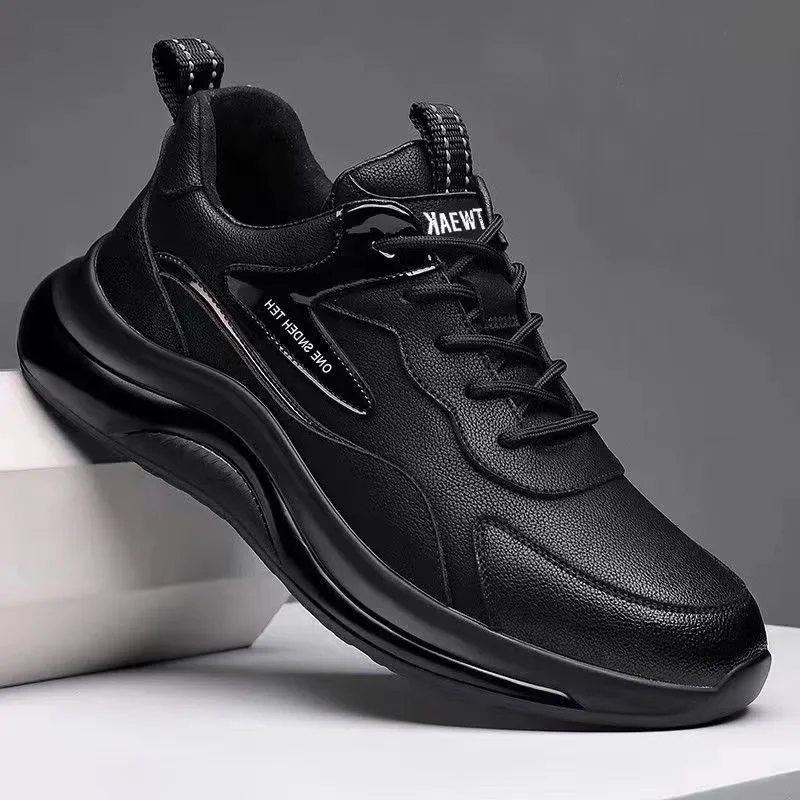 

Autumn and Winter Thick Men's Casual Shoes, Black Fashionable Vulcanized Shoes, Comfortable Thick Soled Leather Running Shoes
