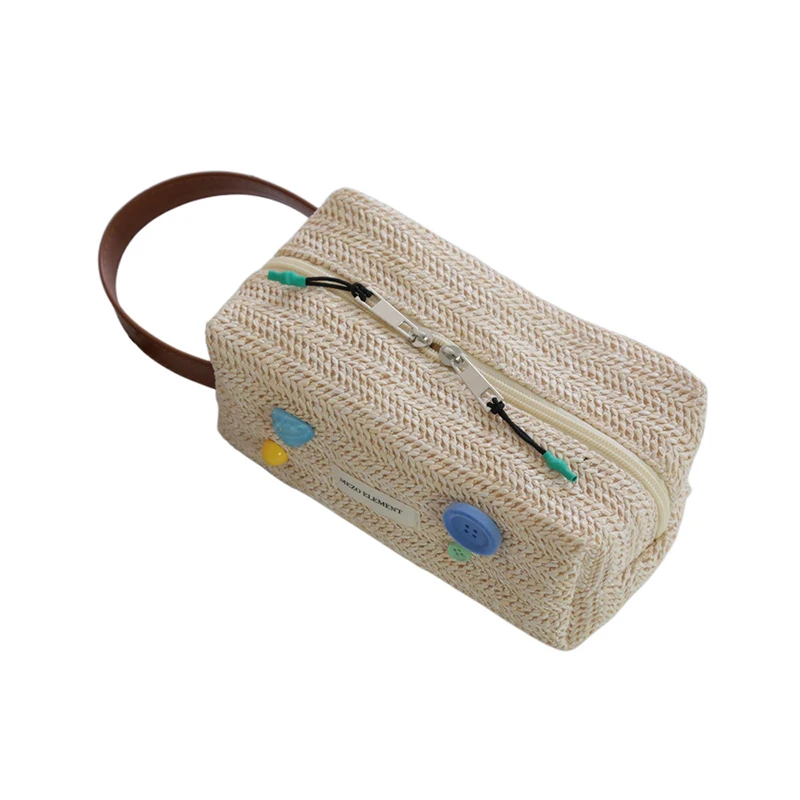 5pcs Cosmetic Bags Polyester Large Capacity Weave Button Long Travel Light Protable Makeup Bag With Wrist