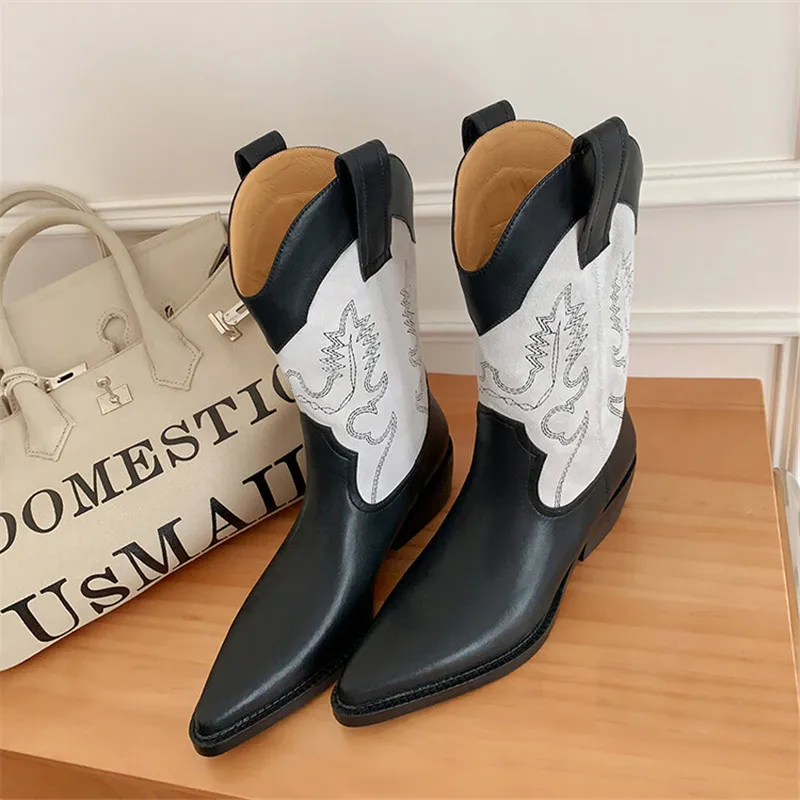 

New Autumn Women Boots Split Leather Pointed Toe Thick Heel Boots for Women Mid-calf Boots Winter Boots Embroidery Western Boots