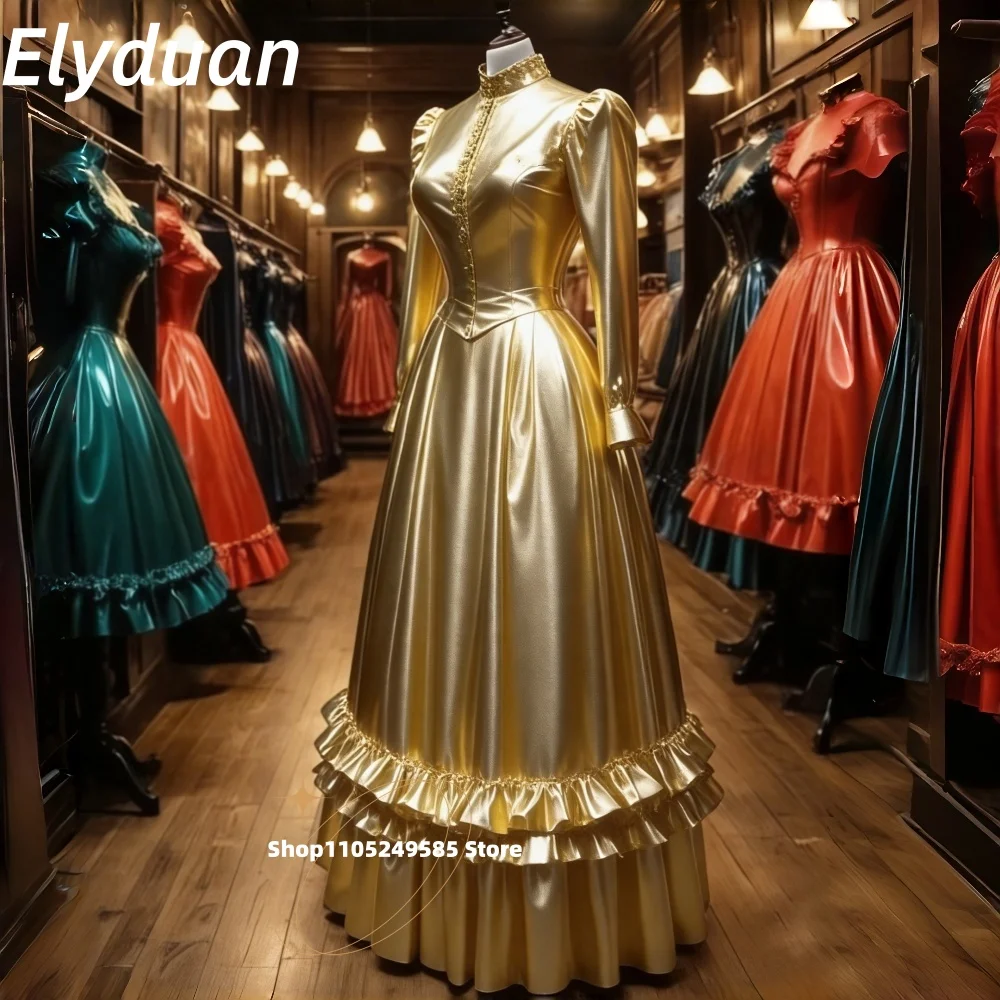 Glänzendes goldenes PVC-Abschlussballkleid mit langen Ärmeln, bodenlang, A-Linie, Vintage-Abendkleider, schwarz, blau, Cosplay-Party-Kostüm, individuell gestaltet